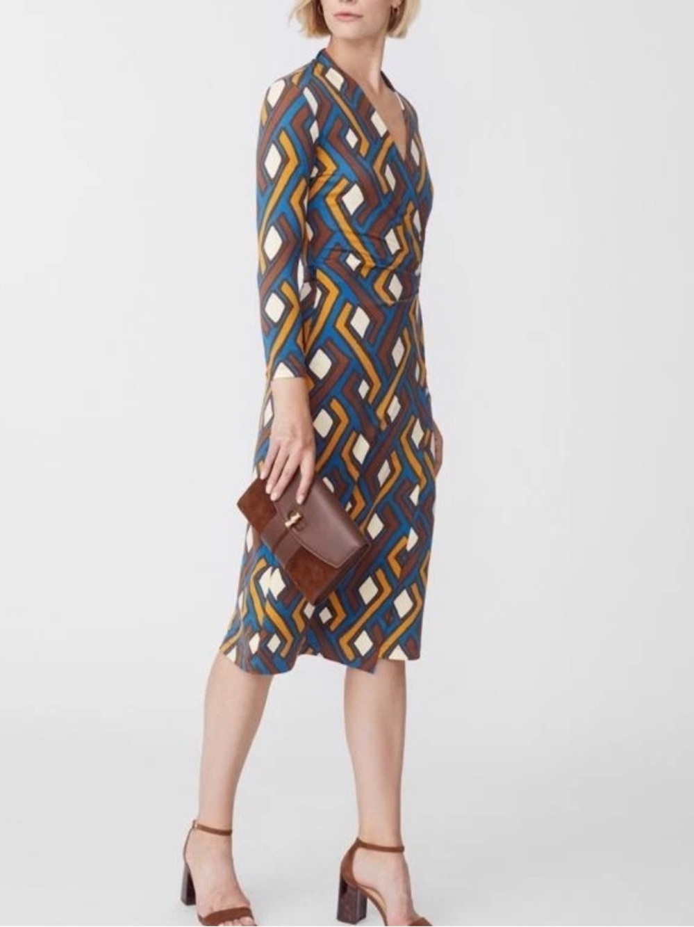 J.Mclaughlin Wrap Midi Dress Dree Jersey Geometric Print Brown Blue Size Small